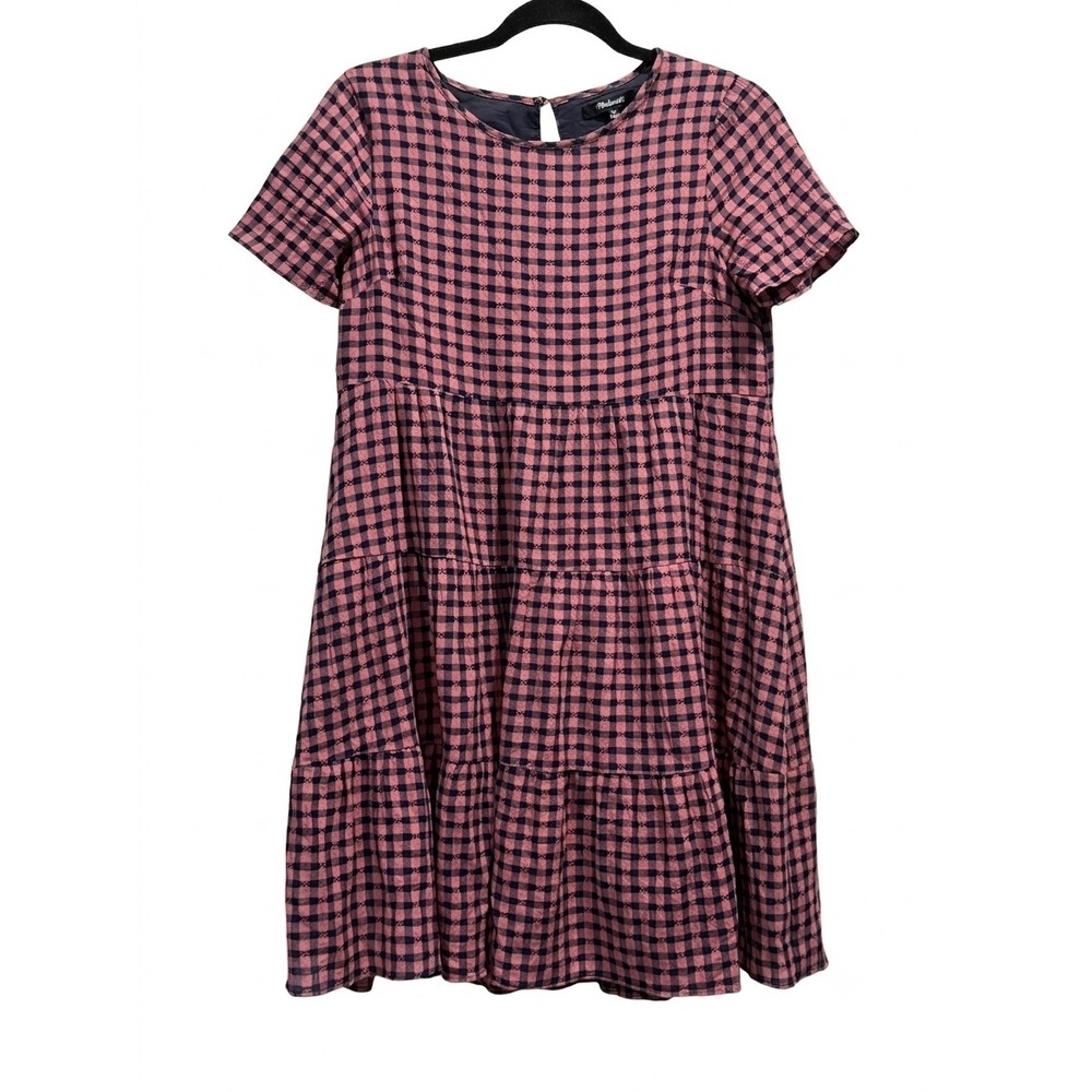 Madewell Pink Navy Gingham Tiered Mini Dress Short Sleeve Babydoll XS